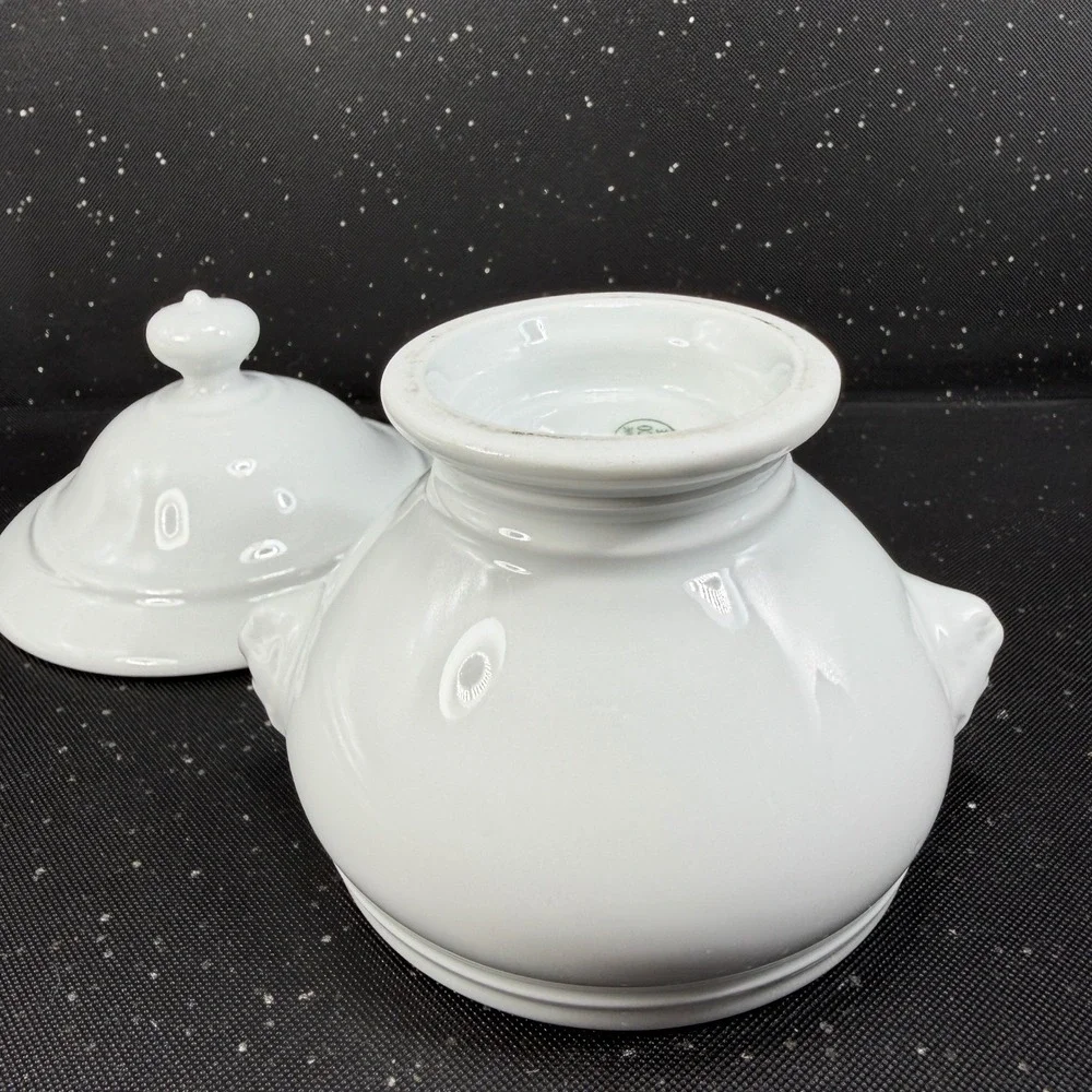 Apilco France White Porcelain Lion Head Dish w Lid Footed Bowl Container Jar
